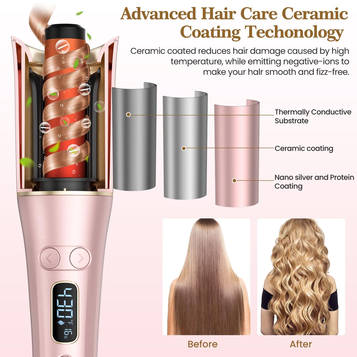 Automatic Curling Iron, Auto Hair Curler Wand with 4 Temperatures & 3 Timers & LCD Display, Curling Iron with 1" Large Rotating Barrel, Dual Voltage Auto Shut-Off Spin Iron for Hair Styling