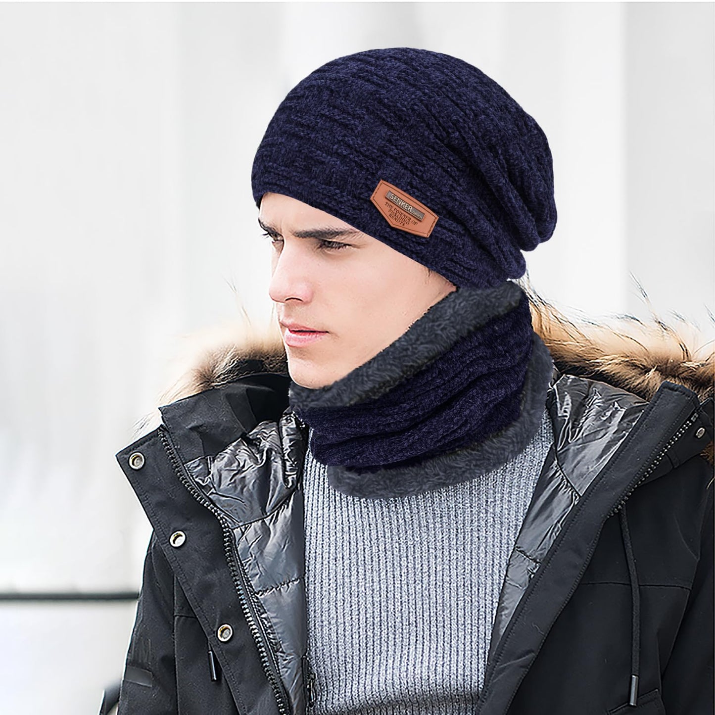 3 Pieces Winter Hat Scarf and Gloves Set for Men and Women, Knit Slouchy Beanie Cap Neck Warmer Screen - Touch Texting Gloves Navy