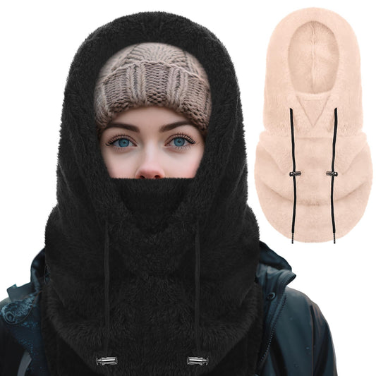 Jeere 2 Pcs Hood Fleece Balaclavas for Women Winter Face Mask Thermal Face Cover Hat Neck Warmer Scarf Adjustable for Cold Weather