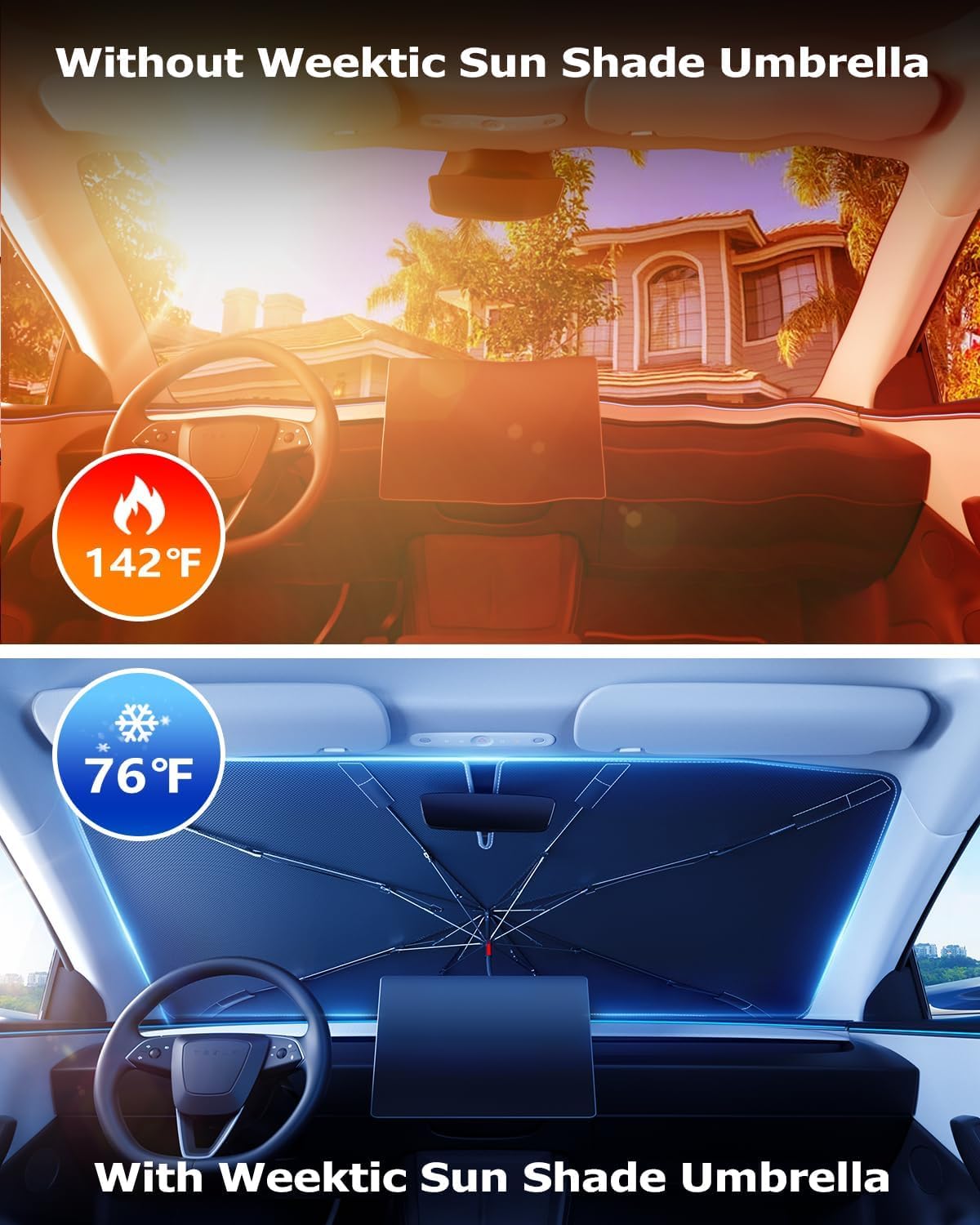 [2025 Upgrade] Weektic Windshield Sun Shade Umbrella [Urethane Coated Heat Shield] Ultimate Cooling Car Sun Shade Protect Interior from Sun Rays & Keep Cool, Medium(57" L x 31" W)