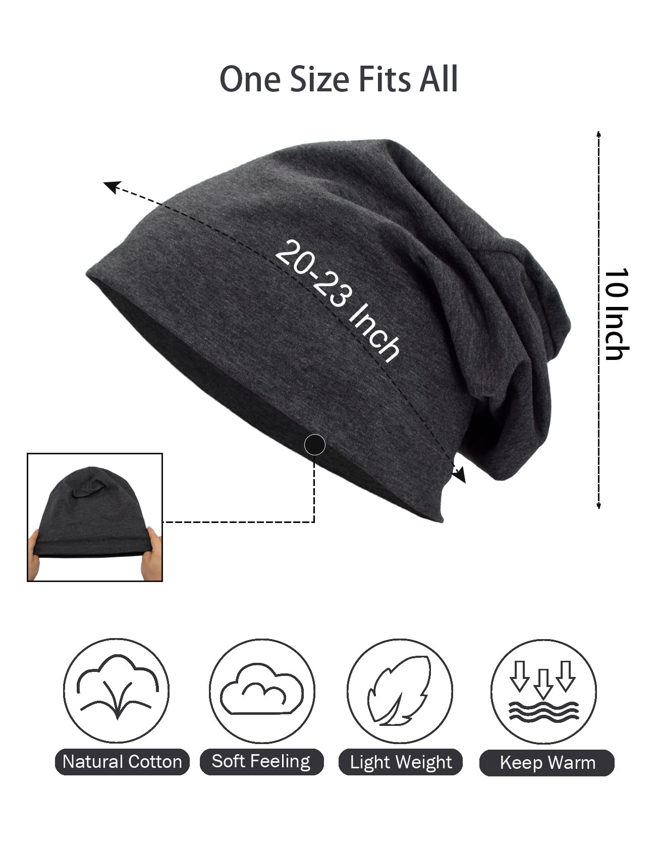 JHYWELL Cotton Beanie Hat Slouchy Jersey Soft Hats Skull Caps Lightweight Sleep Cap Summer Running Beanies Light Weight Chemo Hat for Men and Women (Black & Heather Grey)