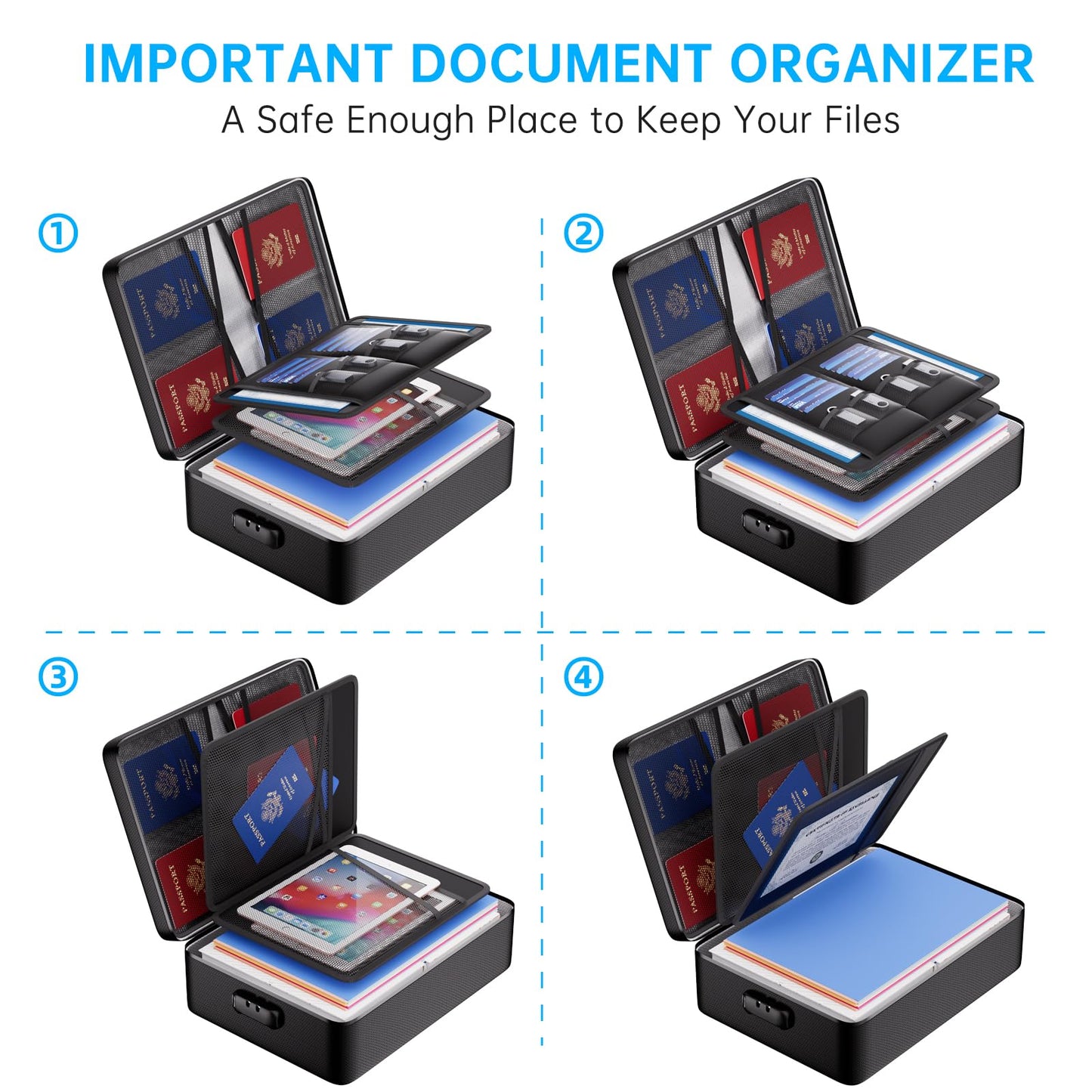 ENGPOW 5200°F Fireproof Document Bag with Lock,Upgraded Heat Insulated Fireproof＆Waterproof Box 8 Layers File Organizer,Portable Home Travel Safe Storage for Important Documents,Passports,Laptop