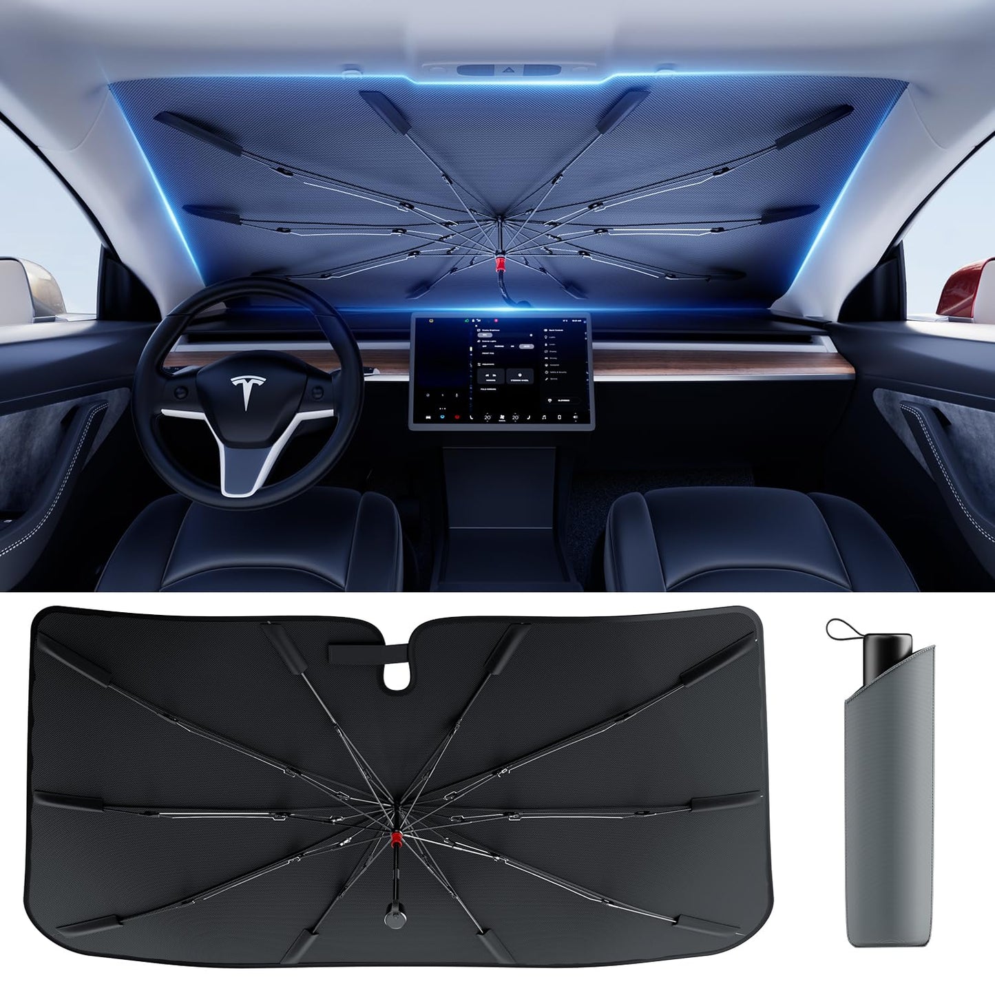 [Upgrade] DMJN Umbrella Windshield Sun Shade, [Nano-Ice-Crystal Coatings] Umbrella Sunshade for Car - Protect Interior from UV & Keep Car Cooler (Medium)