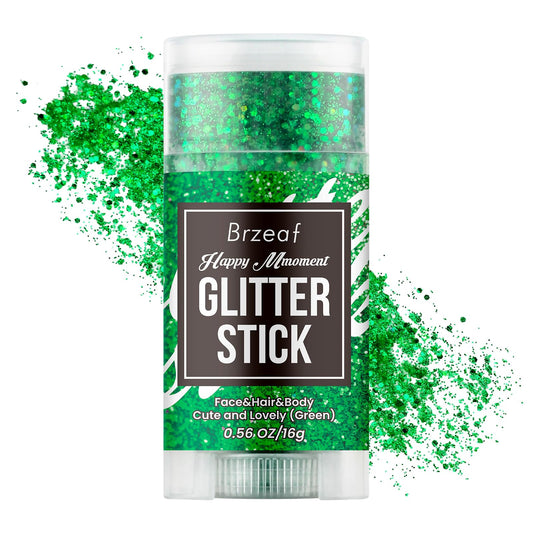 Brzeaf Waterproof Green Body Glitter Stick, Chunky Glitter for Face/Body/Hair/Eyes/Lip, Singer Concert Music Rave Festival, Glitter Stick Makeup & Face Glitter Gel for Women Men 0.56 OZ