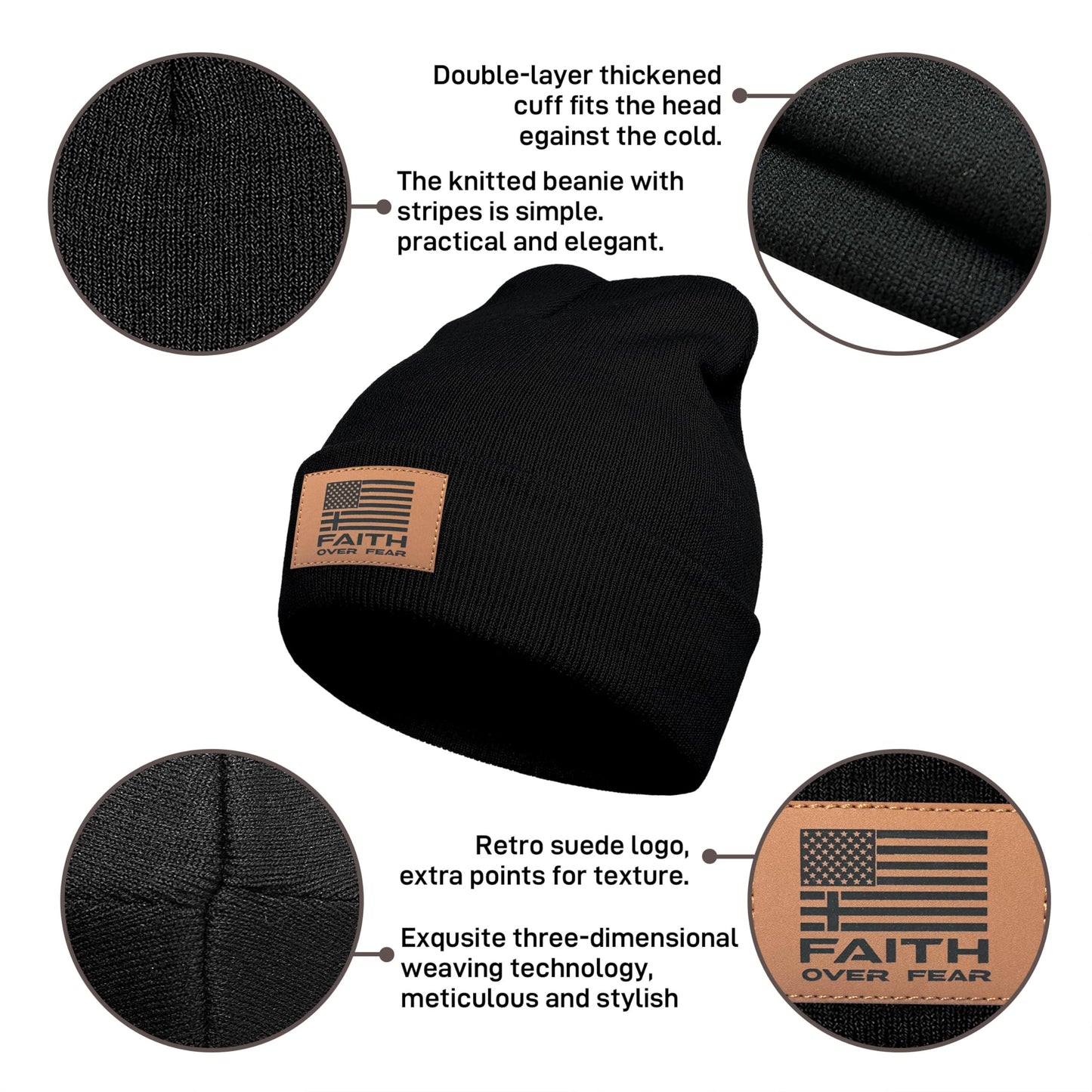 Faith Over Fear Beanie with Leather Beanie Hat for Men Women Gifts for Dad Knit Hat Warm Knitted Winter Cap