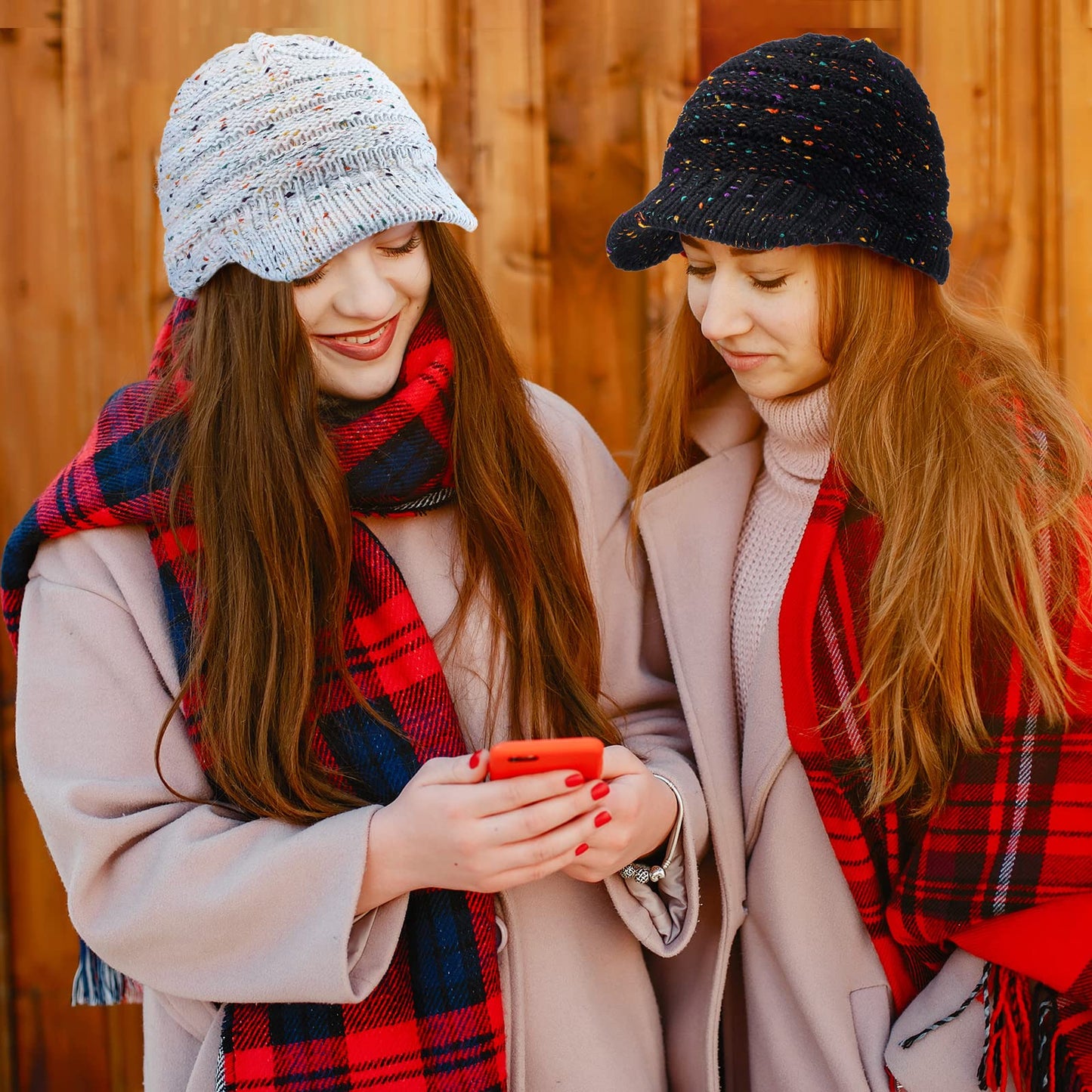 Neer 2 Pcs Women Winter Beanie with Visor Knit Hat with Brim Warm Soft Chunky Newsboy Hats Grey Black Snow Cap