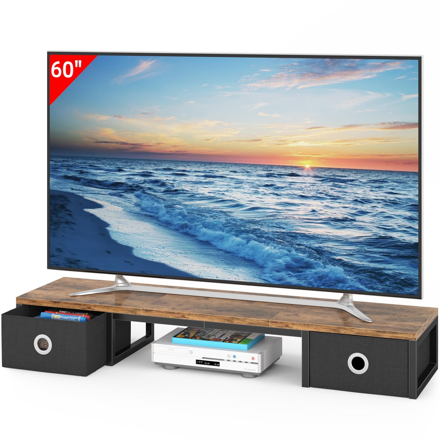 YAOHUOO 45" Large TV Riser with Fabric Drawers for 32-60 inch TV, TV Stand Riser with Steel Legs, Tabletop TV Riser Shelf, Monitor Stand Riser for Home Office, Rustic Brown