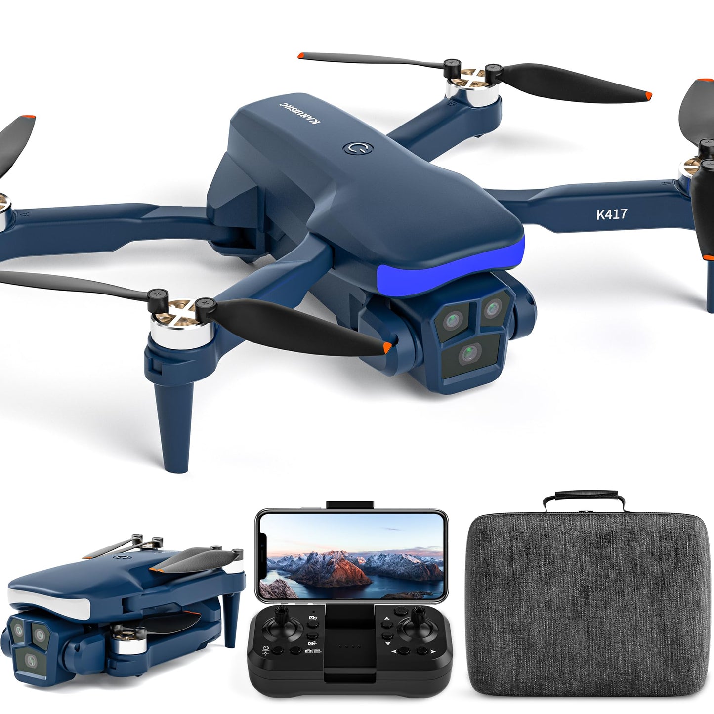 K417 Drone with Camera 1080P HD,Blue LED Lights AI Drones,90° Electric Adjustable with 2 Cameras for Adults,FPV Transmission,Remote Control Quadcopter with Altitude Hold for Beginners,Carry Case