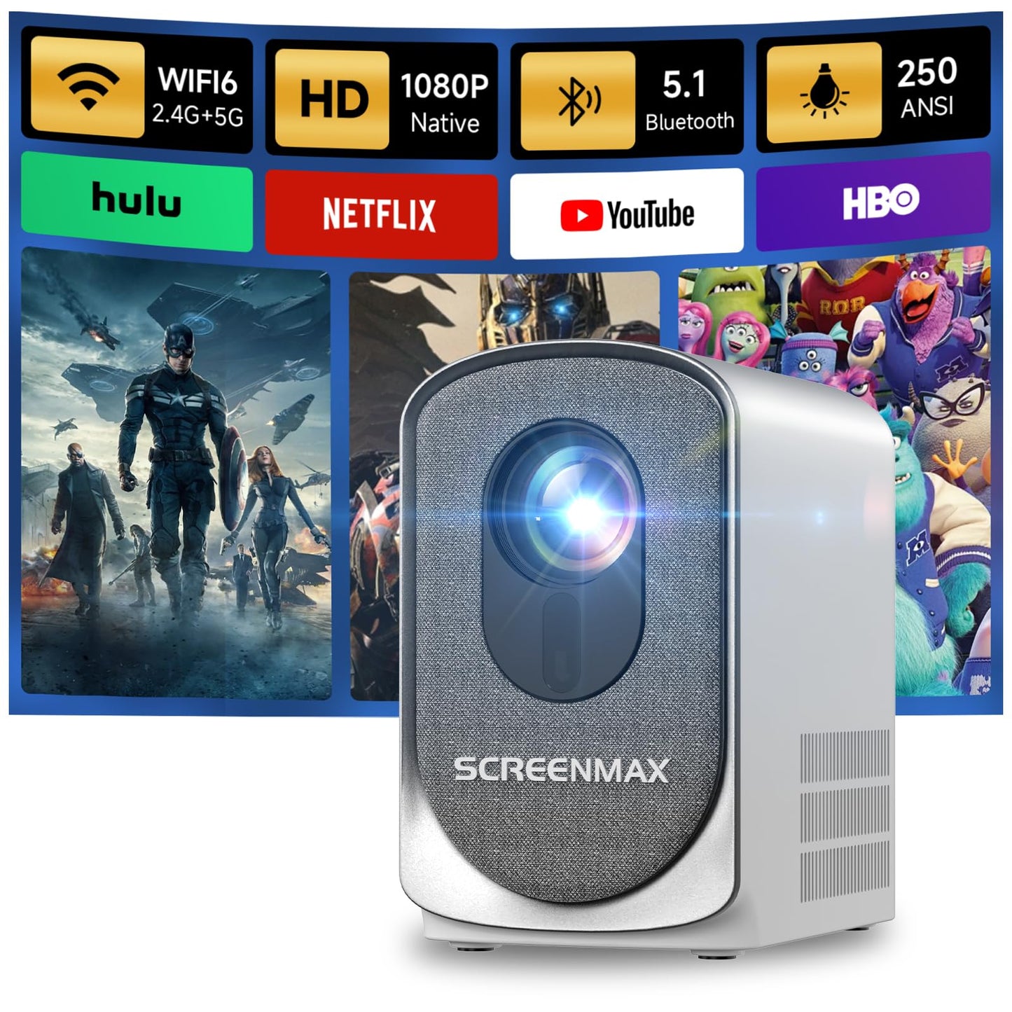 [Electric Focus] SCREENMAX C7 Mini Projector with WiFi and Bluetooth, 280 ANSI Lumens, 1080P Supported, Portable Movie Cinema for Outdoor & Indoor Use, 32''-150'' Display