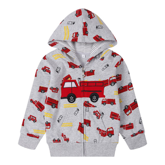NUBEEHOHO Toddler Boy Sweatshirt Kids Fire Truck Grey Zip Up Hoodie Fall Winter Outerwear Cotton Jackets 2T (Fire Truck-3043)