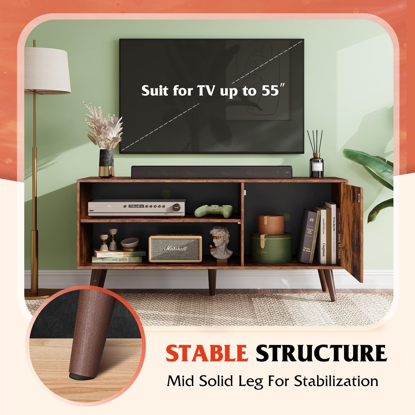WLIVE TV Stand for 55 Inch TVs, Entertainment Center with Storage Cabinet, Mid-Century TV Stands for Living Room and Bedroom, 50" TV Console, Brown