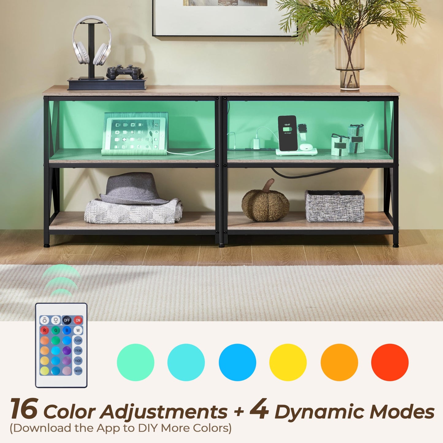 Yaheetech TV Stand with Power Outlet, Industrial Entertainment Center with LED Lights for 65 Inch TV, 3 Tiers Tv Console with Charging Station for Living Room, Media Console with Shelves, Gray