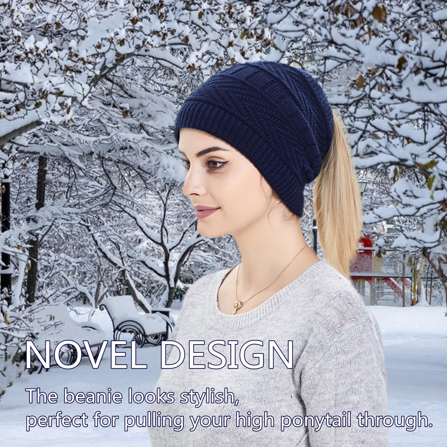 Windproof Warmer Winter Hat with Ponytail Hole,Adjustable Rope Ponytail Hat, Neck Gaiters Scarf Beanie for Women Men (Navy Blue)