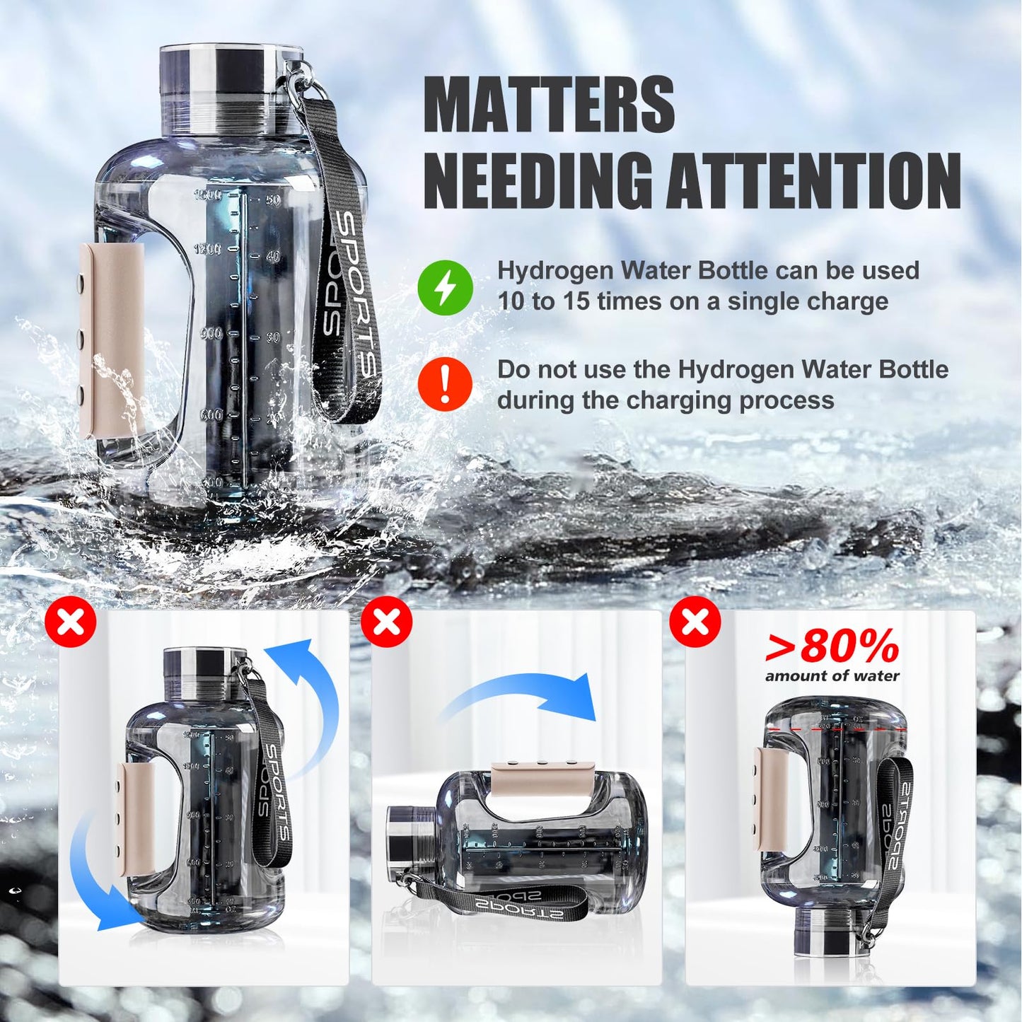 Hydrogen Water Bottle, 50.7 OZ/1.5L Large-Capacity Hydrogen Water Generator with SPE/PEM Technology, 6 Minutes Hydrogen Water Bottle for 1200ppb, Rechargeable Hydrogen Water Generator