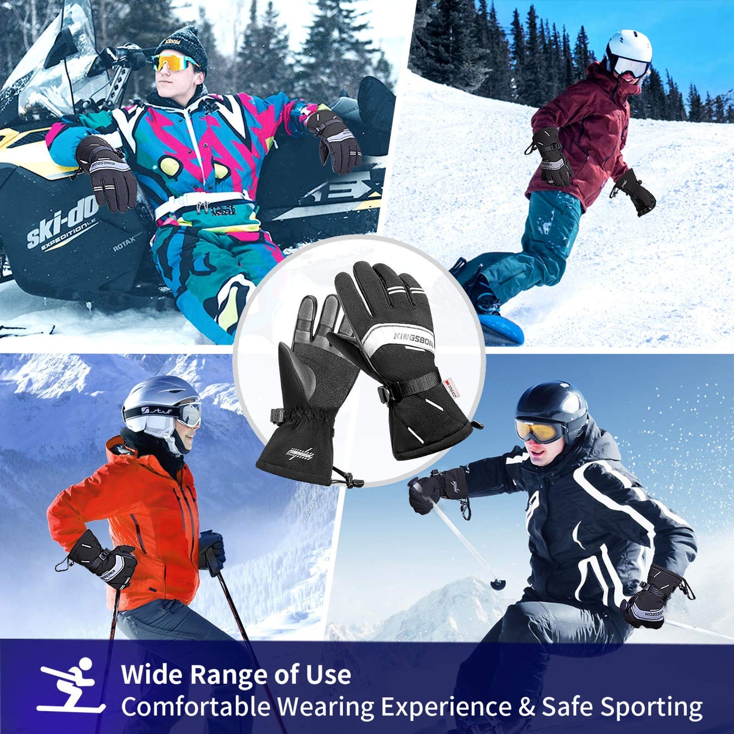 KINGSBOM Waterproof Ski & Snow Gloves, 3M Thinsulate Winter Warm Touch Screen Snowboard Gloves for Men & Women