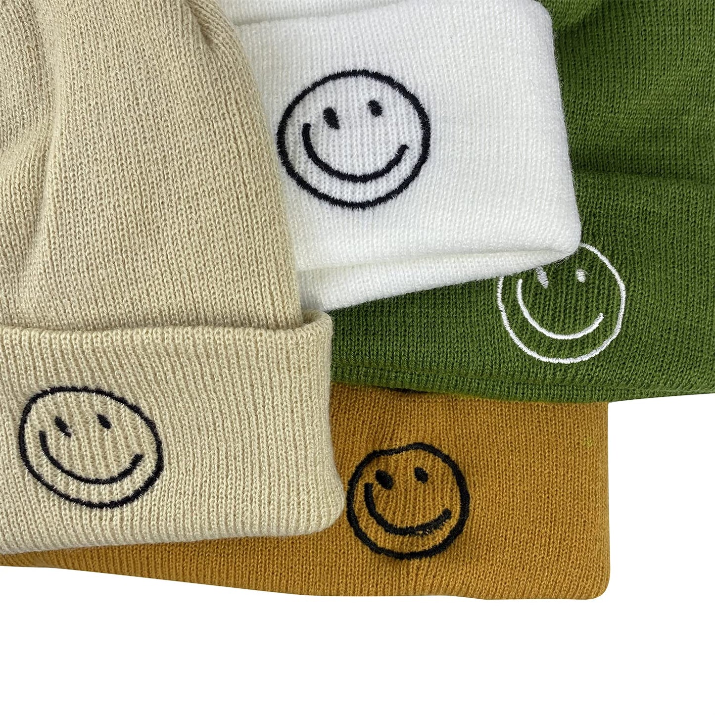 Croogo Winter Warm White Beanie Swag Knit Cuff Knitted Hat Smile Face Embroideried Fisherman Beanie Ski Caps,White-KH27