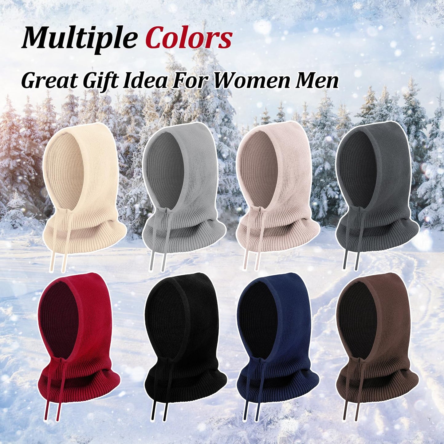 Peicees Hooded Scarf Hat Knit Balaclava for Women Men Winter Neck Gaiters Beanie Skull Cap Drawstring Neck Warmer Fashion