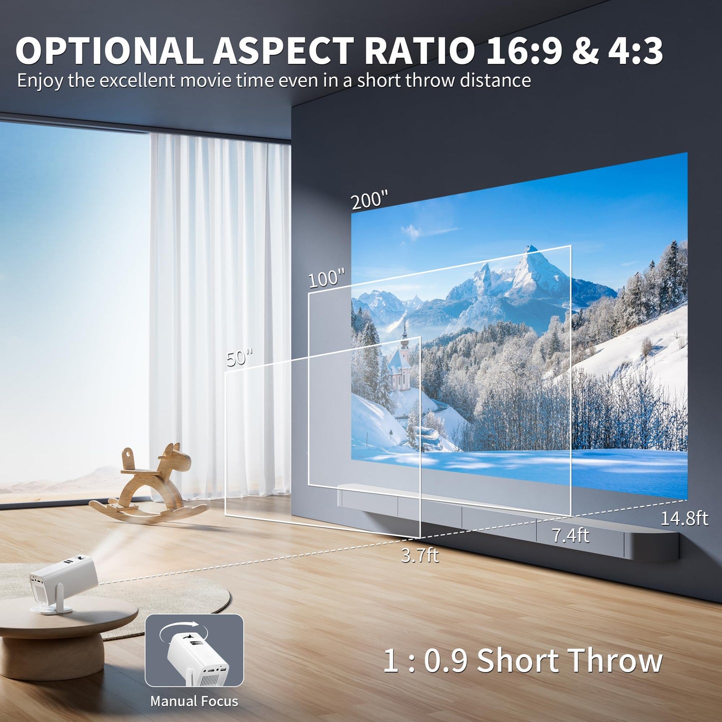 Mini Projector, Portable Projector 4K Support, Full HD 1080P Outdoor Projector, 270° Rotation Movie Projector, Compatible with Smartphone, TV Stick, Laptop, PS4, HDMI, USB (No WiFi or Bluetooth)