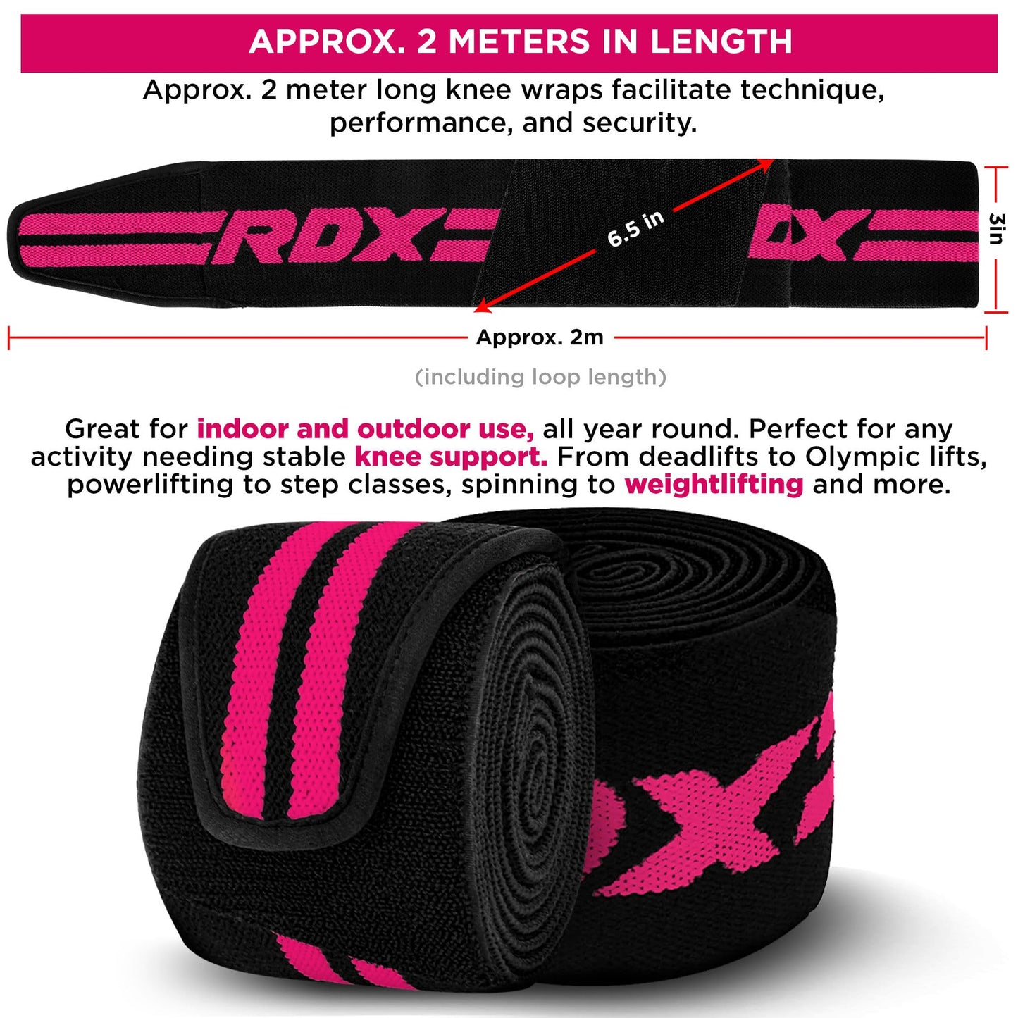 RDX Knee Wraps for Weightlifting, 78” Elasticated Straps Power Lifting Leg Press Support Gym Fitness Squats Workout Men Women
