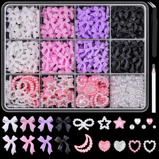 600 Pcs 3D Nail Charms and Flatback Pearls Set 8, 4 Colors Nail Bows Charm + Pink&White Star Heart Moon Cute Nail Jewels + 2-4mm White Nail Pearls for Nail Art DIY Decoration with Pickup Tools