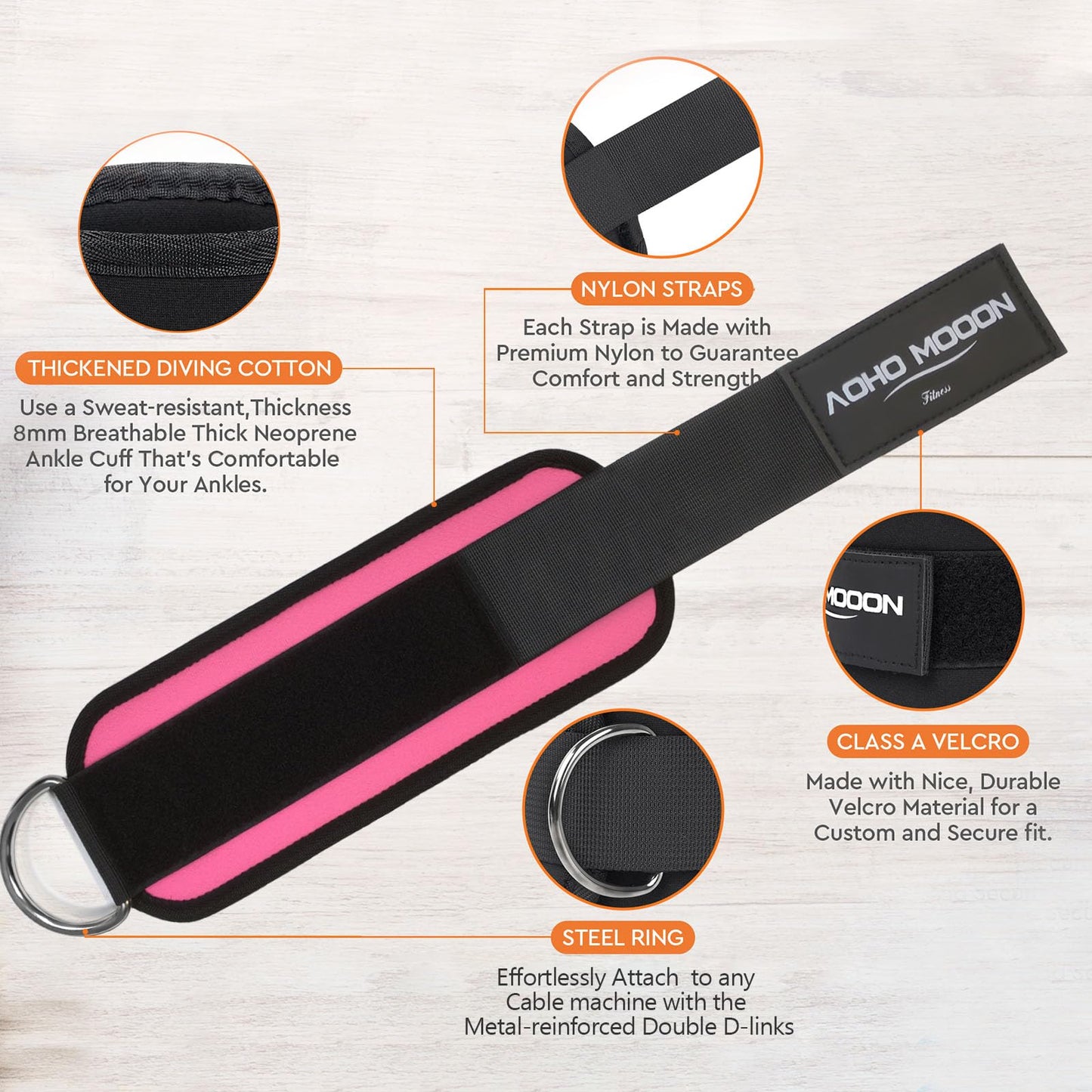 AOHO MOOON (Pair Comfortable Adjustable Ankle Straps for Cable Machines Women, Gym Workout Leg Straps, Ankle Cuffs for Glute Workouts, Foot Straps for Kickback, One Size Fit All with D Ring