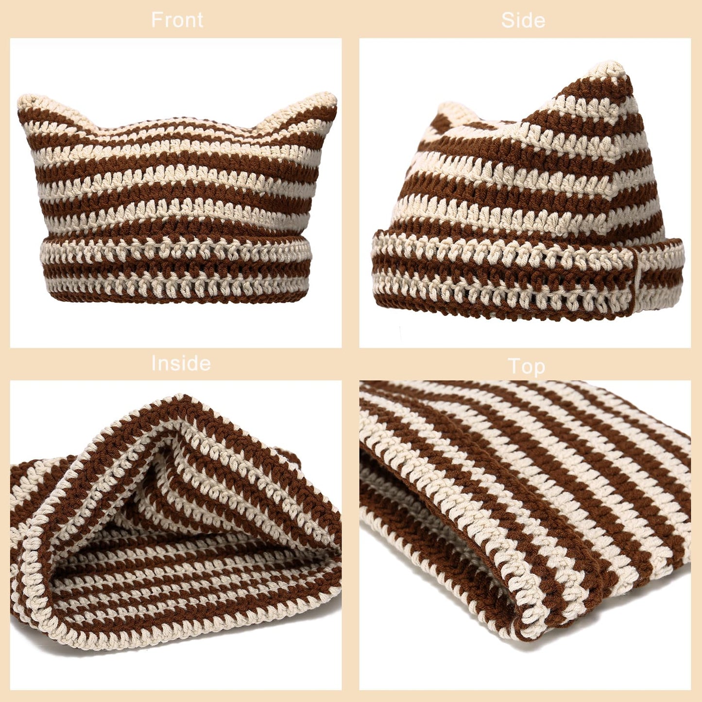 CATMICOO Y2k Beanie Knit Cat Ear Beanies Crochet Hats for Women Brown