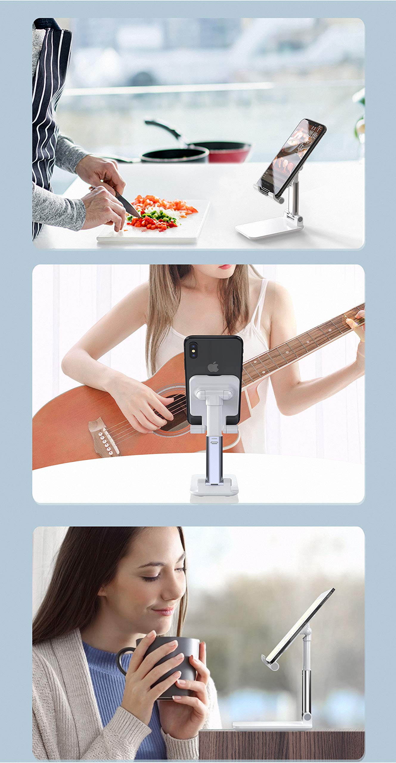 Adjustable Phone and Tablet Stand with Silicon Pad, Portable Foldable Design, Cell Phone Stand for Desk Fully Forldable Mobile Phone Holder Compatible with All Mobile Phones (White)