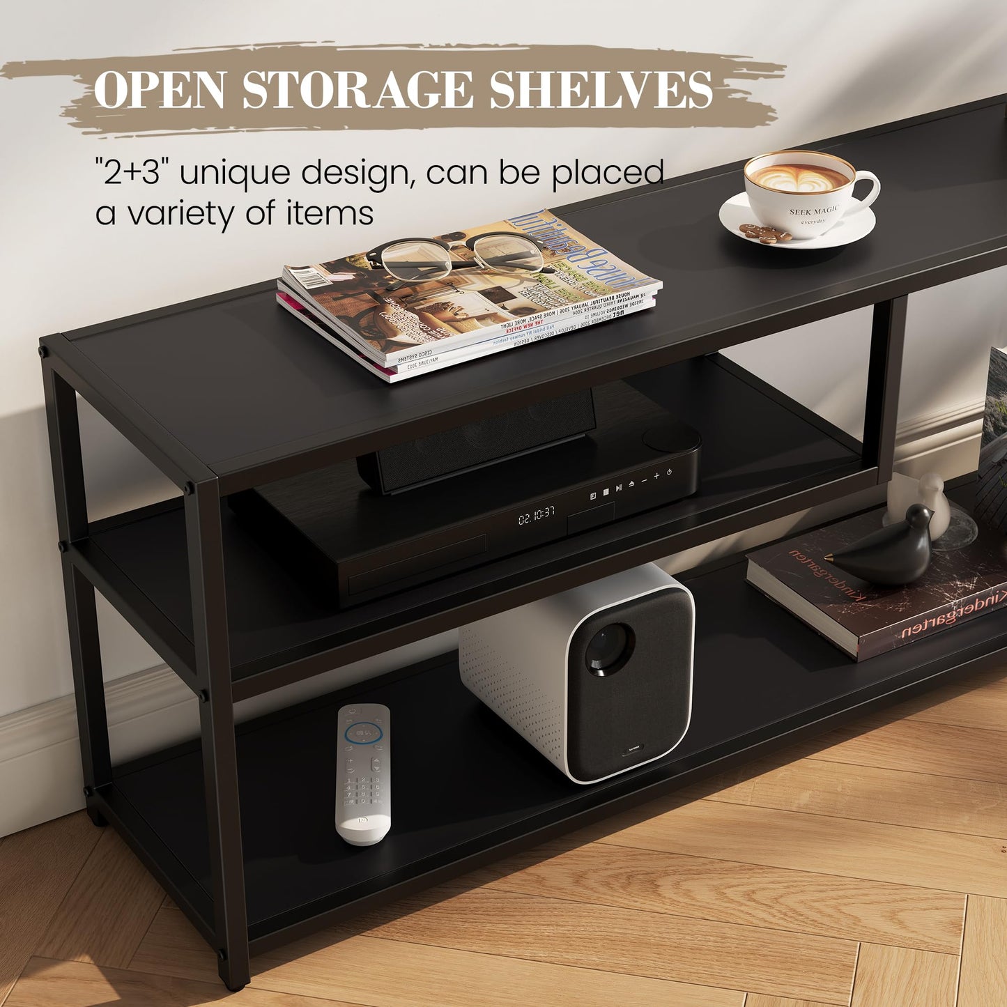 TECHMILLY Modern TV Stand for 55" TV, TV Table with Storage Shelves, Entertainment Center with Metal Frame, TV Console Table for Living Room, Bedroom, Black