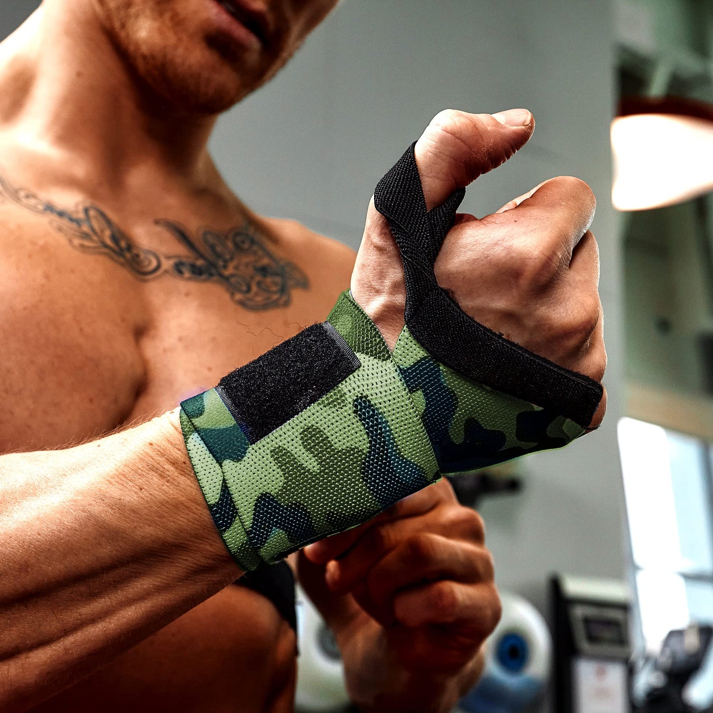 WOD Nation Wrist Wraps for Weightlifting, 12” Professional Gym Wrist Straps w/Thumb Loop for Men & Women, Wrist Support Wraps for Strength Training, Powerlifting & Bodybuilding (Green Camo)