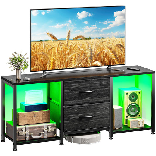 TV Stand for Bedroom with LED Lights, Dresser TV Stand with Two Fabric Drawers and Open Storage Shelves, TV Stands for Living Room, Entertainment Center, TV Console, Wood Top, Metal Frame, Black