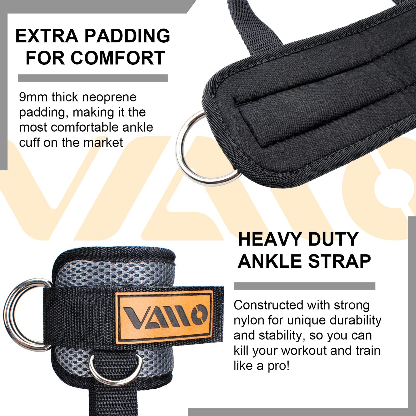 VAIIO Ankle Straps for Cable Machines,Adjustable Comfort fit Neoprene, Reinforce Double D-Ring - Premium Ankle Cuffs to Improve Abdominal Muscles, Lift The Butts, Tone The Legs for Men & Women
