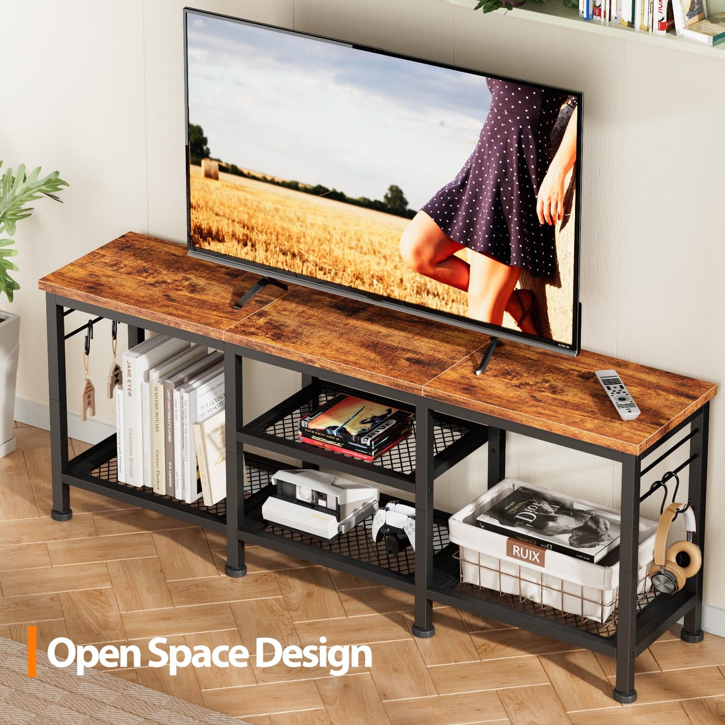 Furologee TV Stand for TVs up to 55 Inch, Entertainment Center with Open Storage Shelves, TV Media Console Table with Soundbar Shelf for Living Room, Bedroom, Rustic Brown