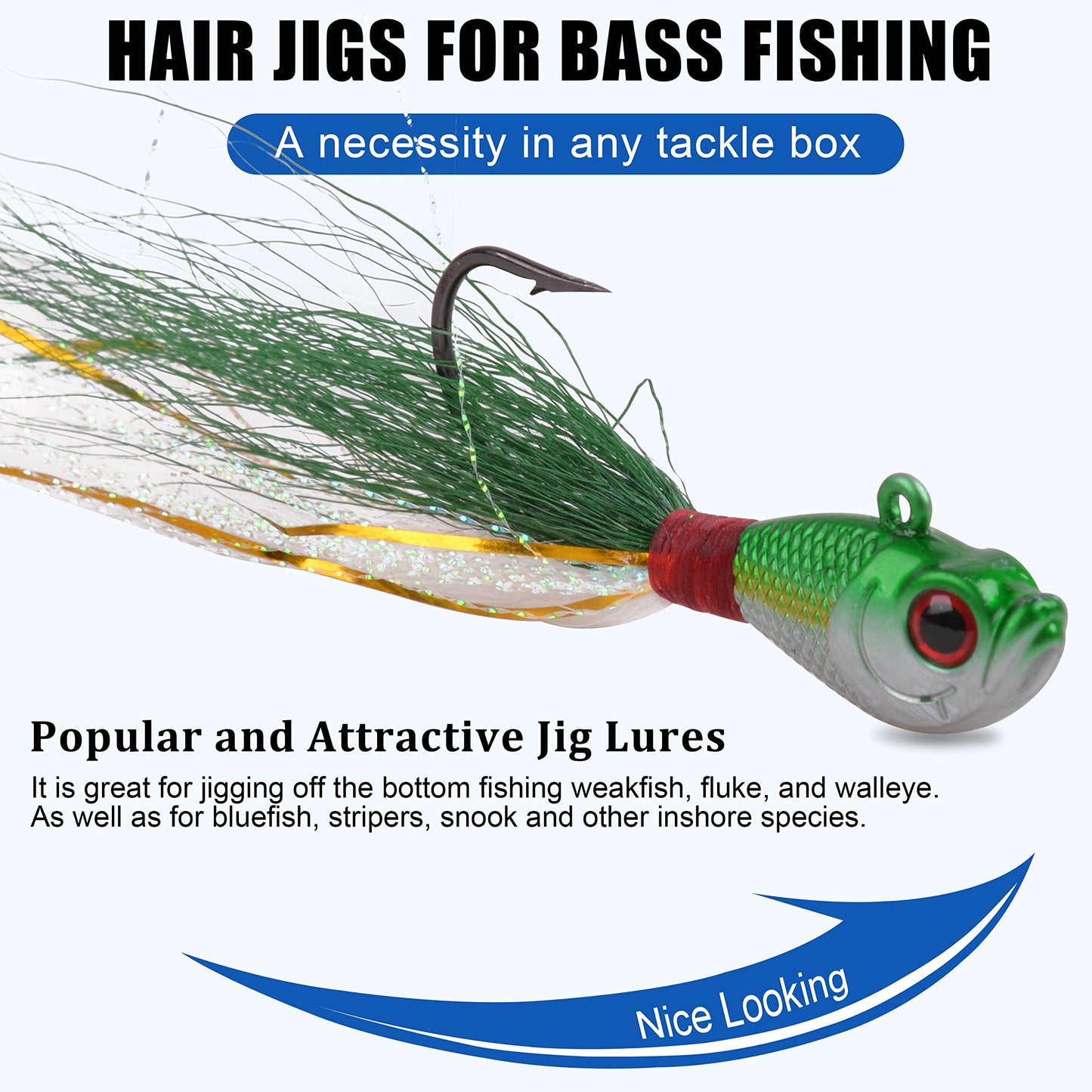Bucktail Jigs Saltwater Hair Jig Lures, 5pcs Bucktail Jigs Fishing Lures Surf Fishing Jig Head Swimbait Jig Hook for Bass Flounder Striper 1/4oz 1/2oz 1oz 1.5oz