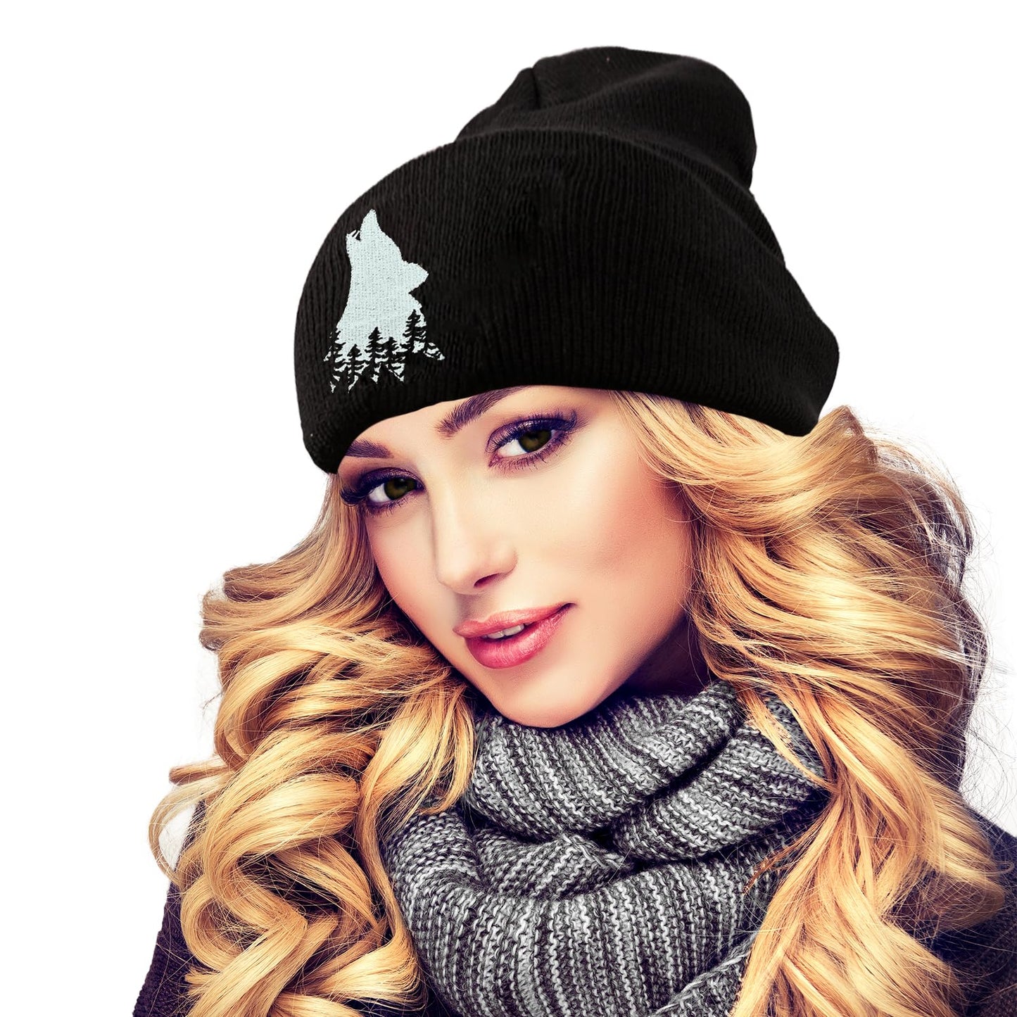 famliihw Wolf Tree Embroidery Beanie Hat Winter Warm Knit Cuffed Skull Cap for Women Men