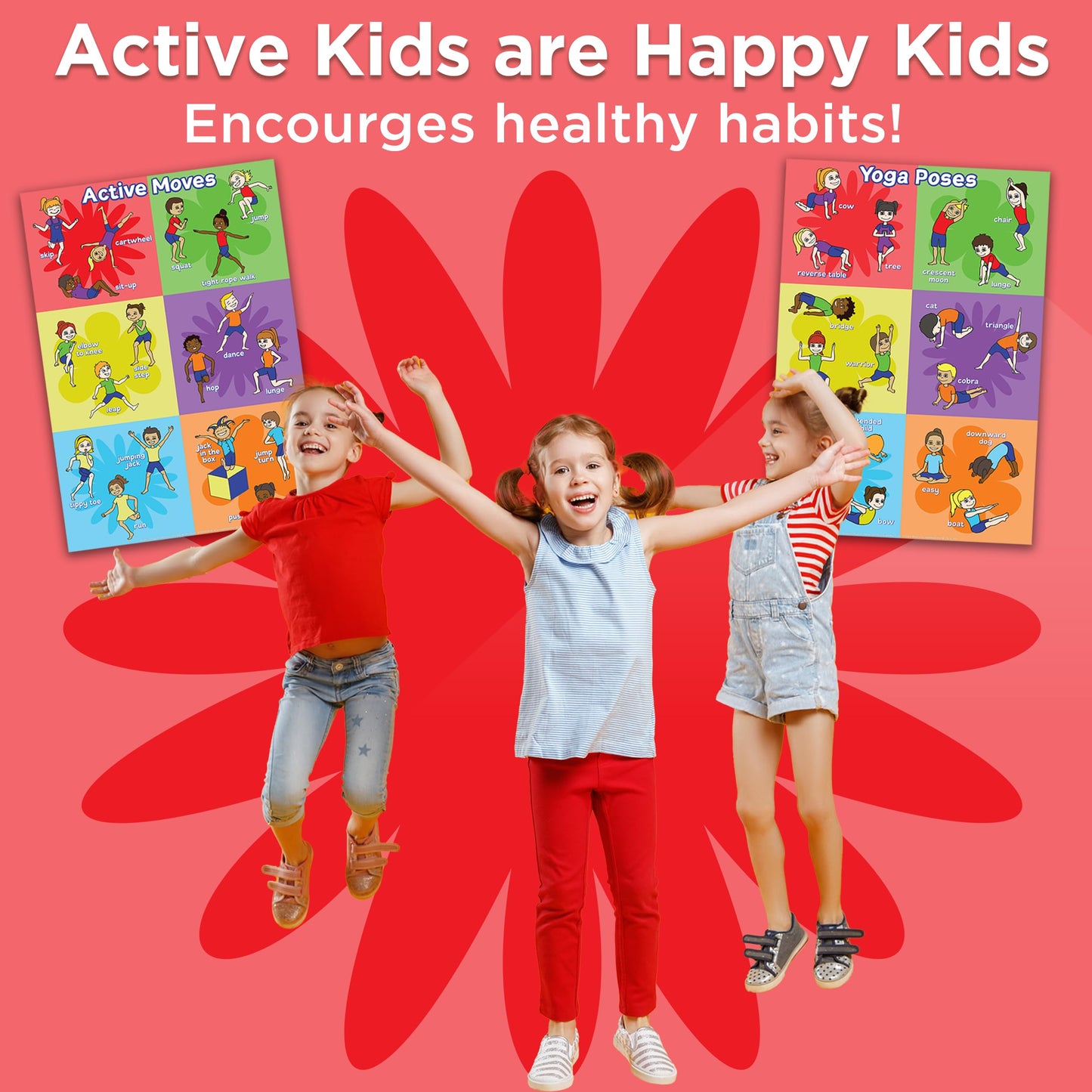 Covelico Kids Yoga Poses Poster and Exercise PE Posters - Set of 2 x A3 Laminated Physical Therapy Posters. Vibrant Physical Education Classroom Decor and Essential PE Teacher Supplies for PE Class.