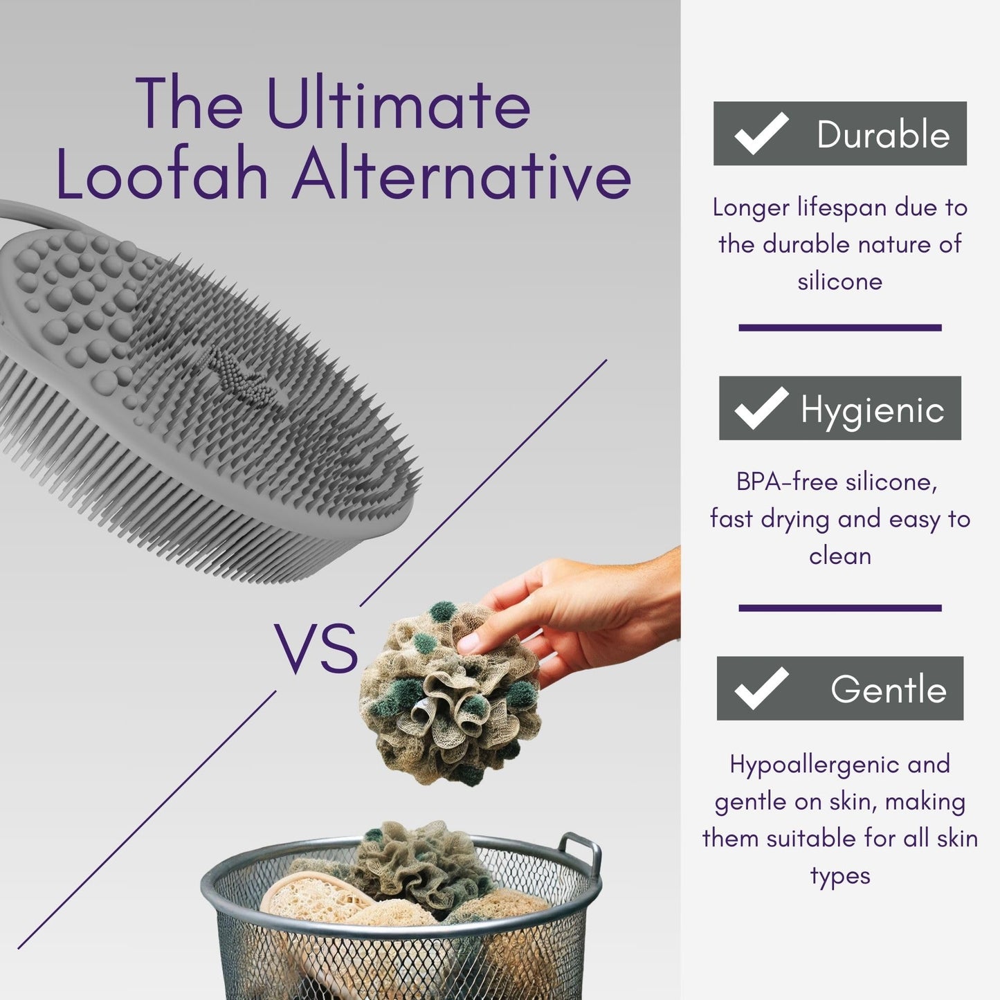 Avilana Silicone Body Scrubber – Dual-Sided Exfoliator for Men & Women, Gentle Loofah Alternative, Easy-to-Clean Silicone Shower Scrubber (S2-Gray with Silver)