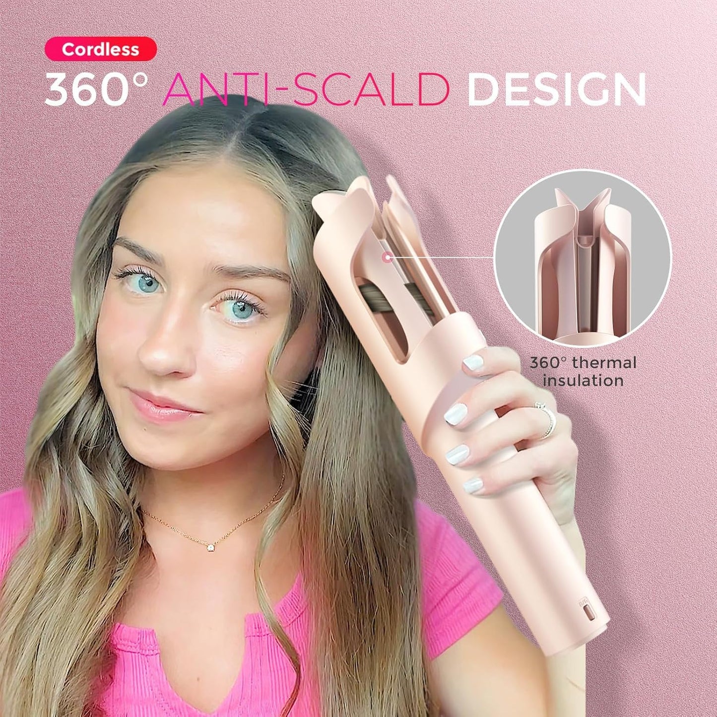 TYMO Cordless Automatic Curling Iron - Upgraded TYMO CurlGo Smart 1 Inch Rotating Curling Wand for Travel, Ionic Beach Waves Portable Hair Curlers for Women, Anti-Scald, Safe & Tangle-Free, Gold Blush