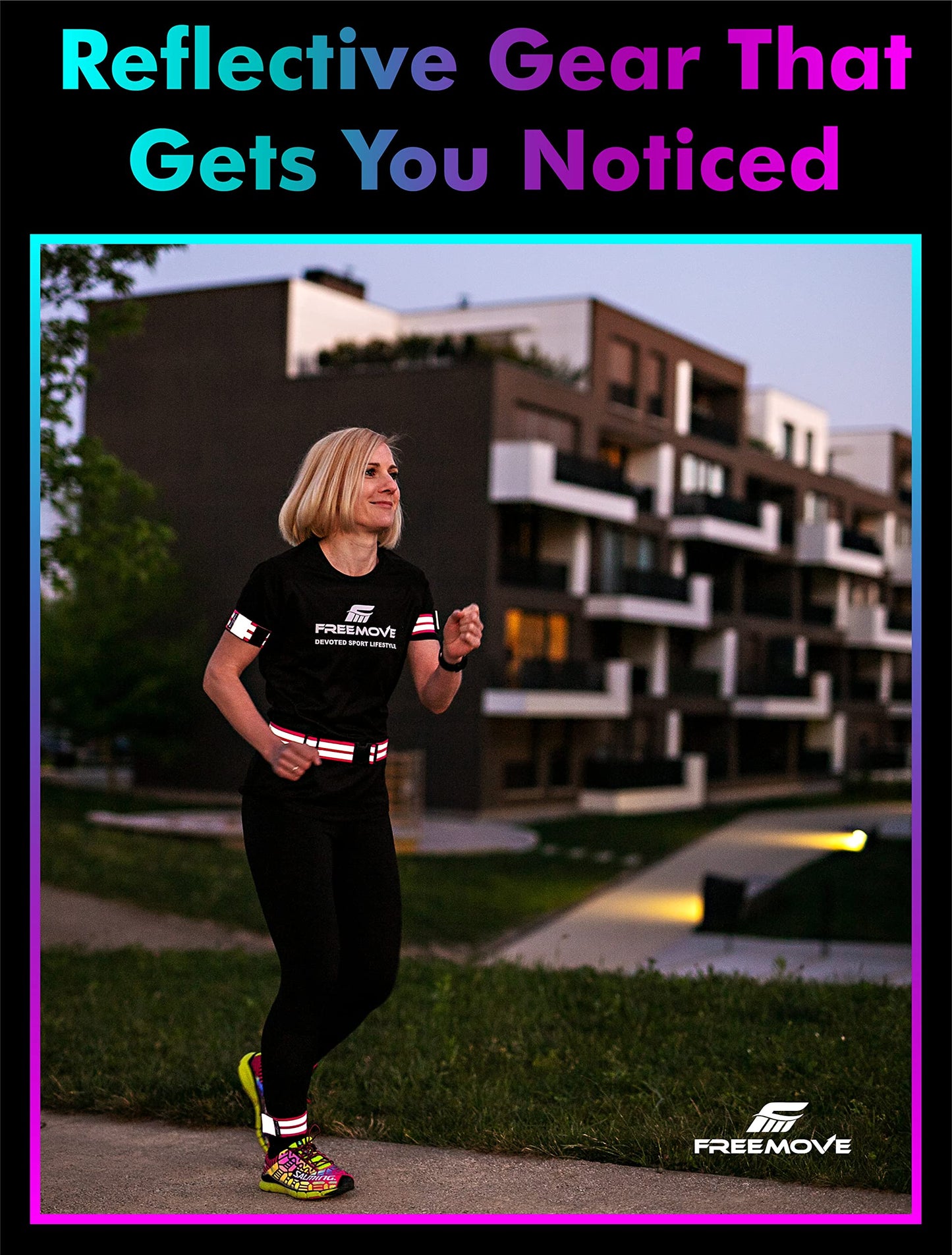 FREEMOVE Reflective Running Gear - a Pack with Adjustable Runners Waist Belt + 4 Arm/Wrist Bands for Men and Women - Stay Safe Day or Night When Dog Walking, Running, Cycling, Jogging, Biking, MTB