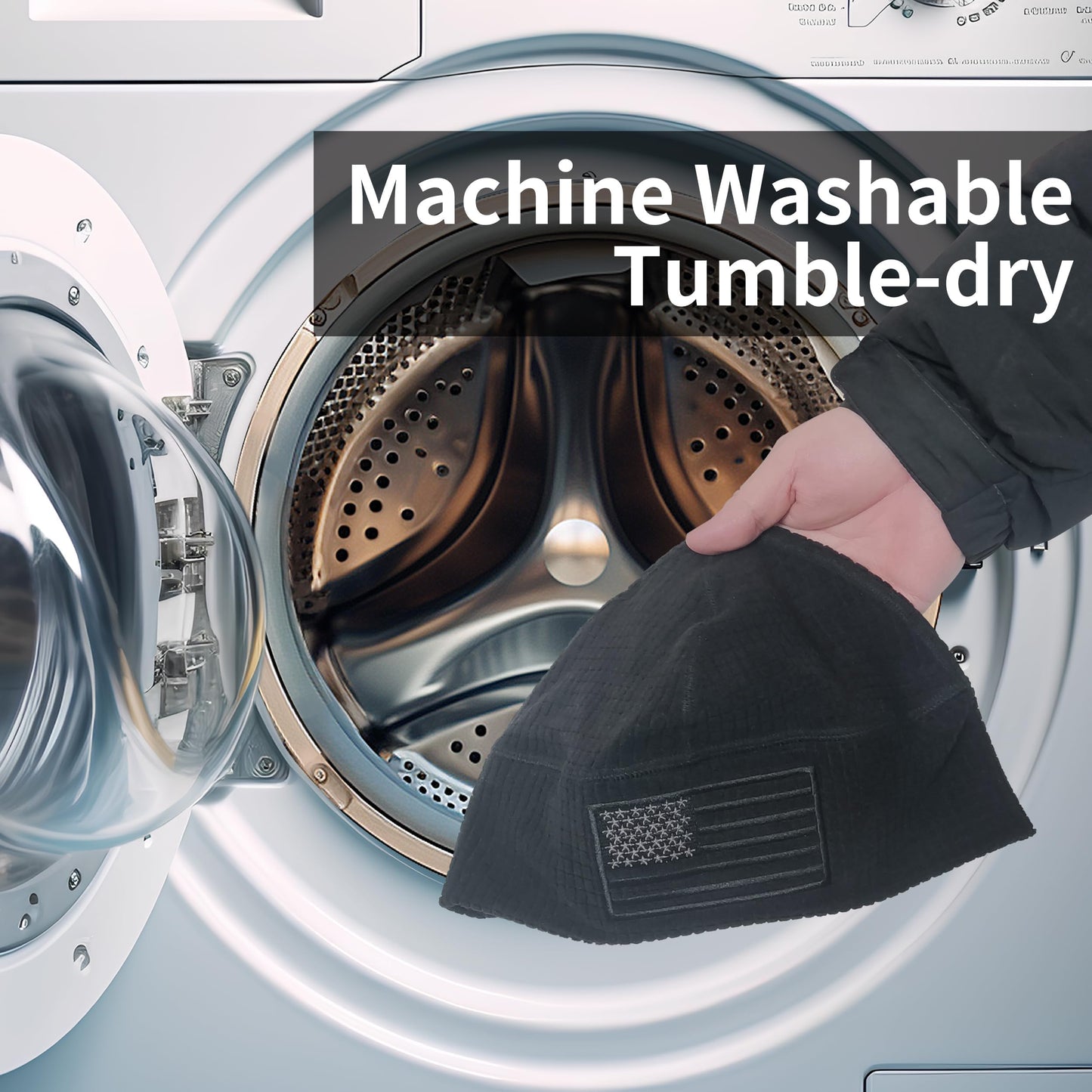 OUTDOOR SHAPING Grid Fleece Beanie with American Flag Embroidery Waffle Tactical Army Military Skull Cap Black