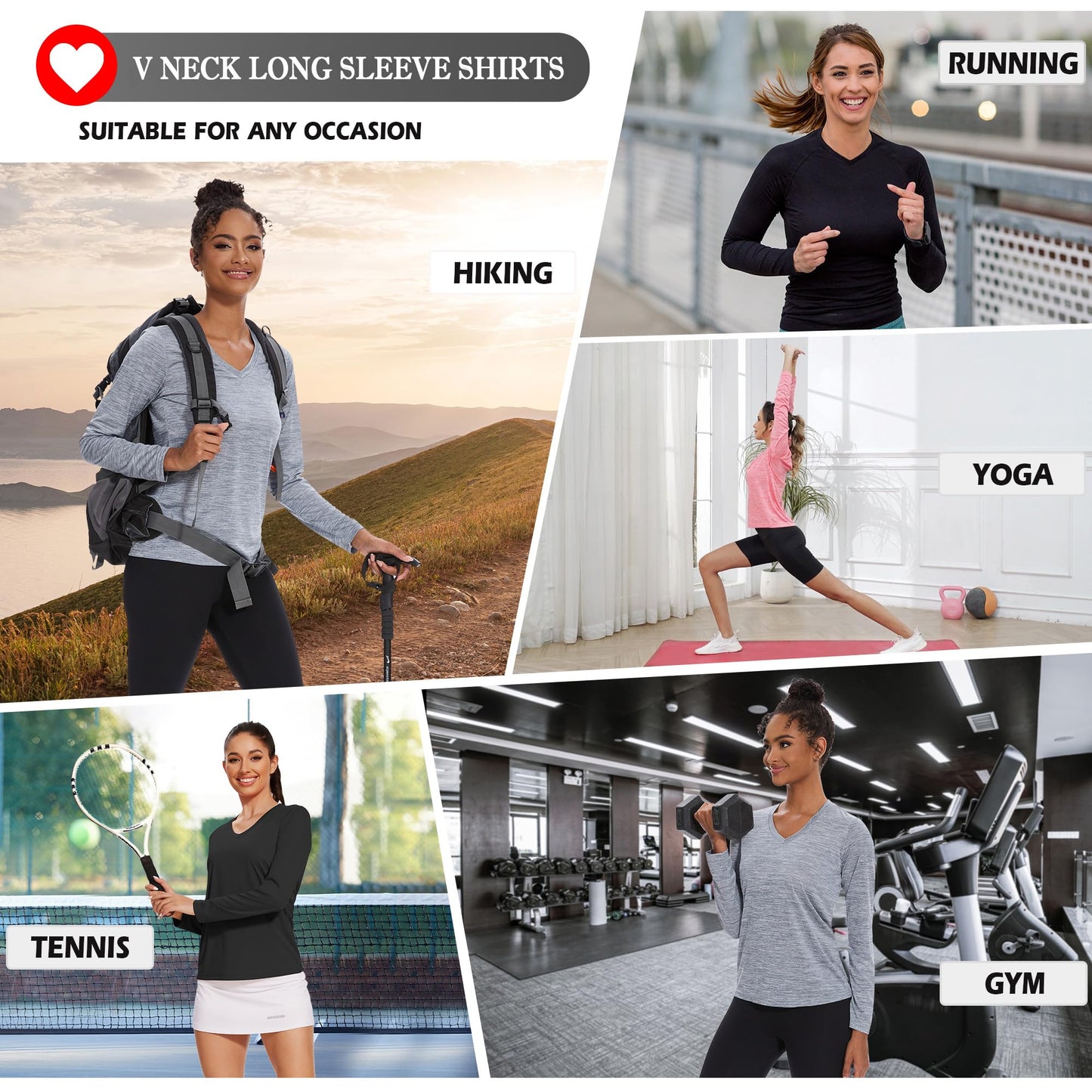 BALENNZ Long Sleeve Workout Shirts for Women V Neck Moisture Wicking Quick Dry Gym Athletic Top Shirts,Large