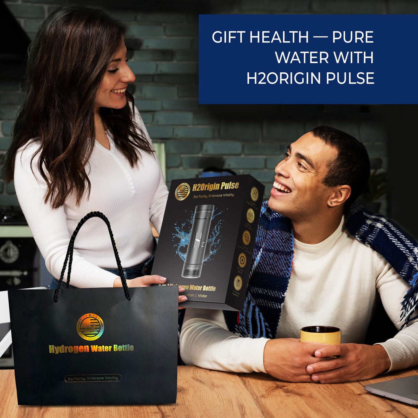 H2ORIGIN PULSE Hydrogen Water Bottle Generator, Up to 9000 PPB Hydrogen Bottle Water Ionizer with SPE/PEM Technology, 3-in-1 Portable Universal Adapter and Refreshing Mist Spray for Home Hydration