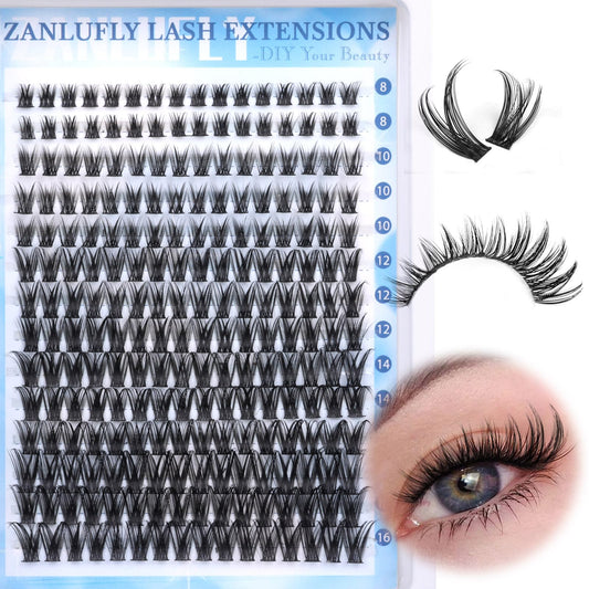 zanlufly Wispy Lash Clusters Natural D Curl Fishtail Eyelash Extensions 224Pcs Individual Lashes (8-16MM)