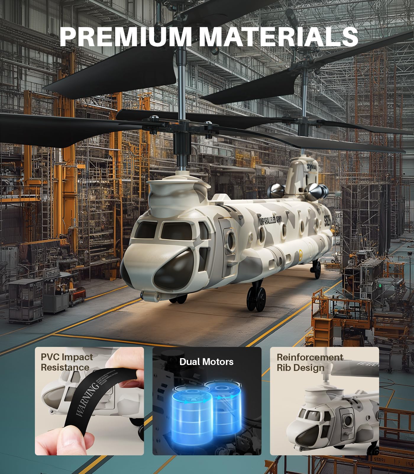 SYMA Remote Control Helicopter, S52H Military Transport RC Helicopters with Altitude Hold, One Key take Off/Landing, LED Light, Low Battery Reminder, Army Toys for Kids and Military Fans