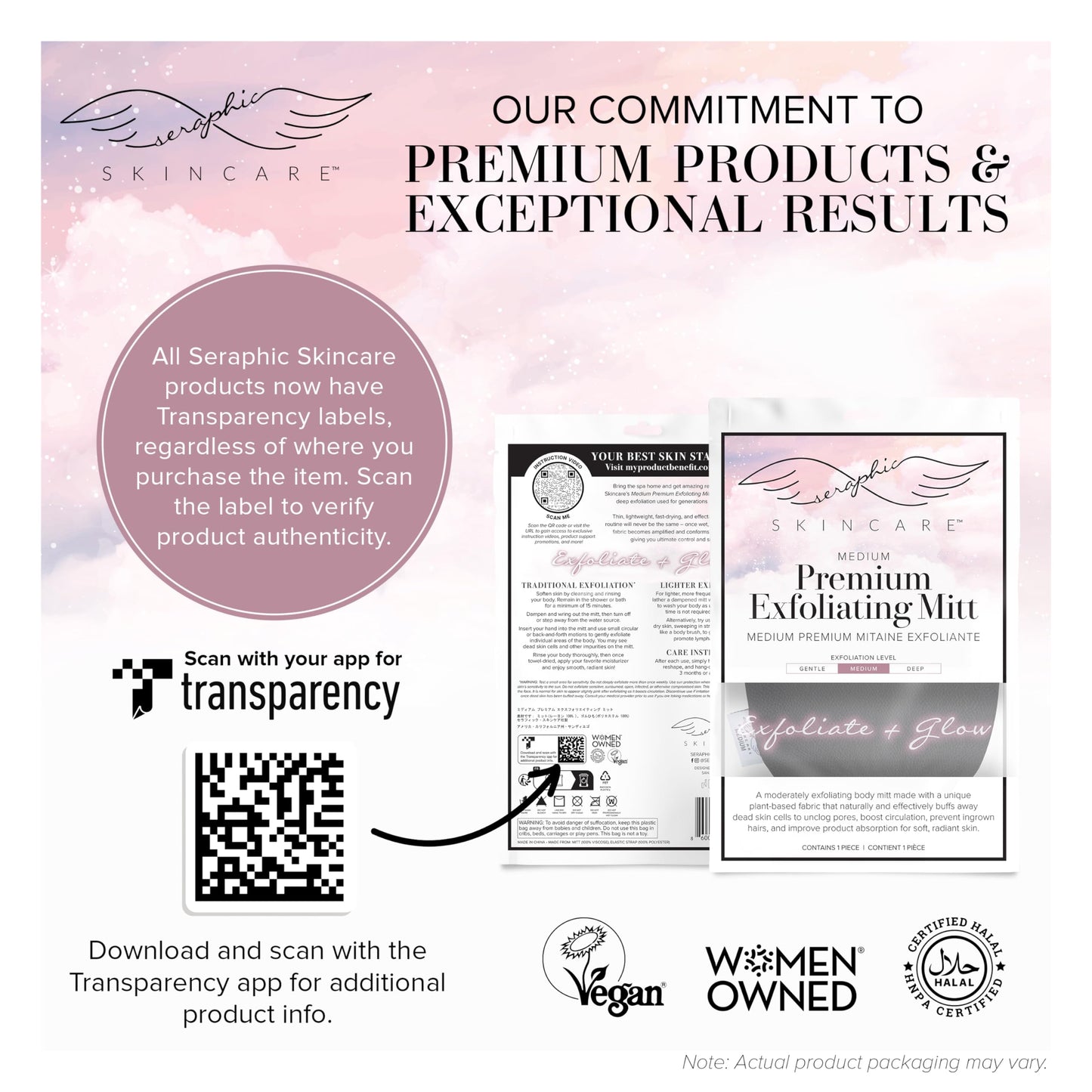 Seraphic Skincare Premium Exfoliating Mitt for Body, Medium – Viscose Fiber Korean Exfoliating Glove for Normal to Dry Skin – Body Exfoliator for Self-Tan Removal and Application