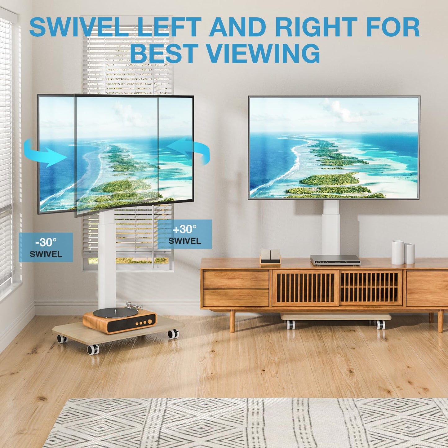 YOMT Portable Floor TV Stand on Wheels for 32-70 Inch TVs, Tall Universal Rolling TV Stand with Swivel Mount, Elegant Lockable Mobile TV Cart with Wood Base for Living Room, Bedroom, Dorm (White)