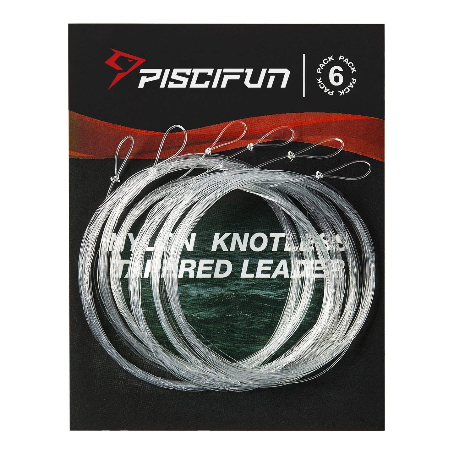 Piscifun Fly Fishing Leader with Pre-Tied Loop, Tapered Fly Line Leader, Nylon, Clear, 7.5ft, 6 Pack, 6X