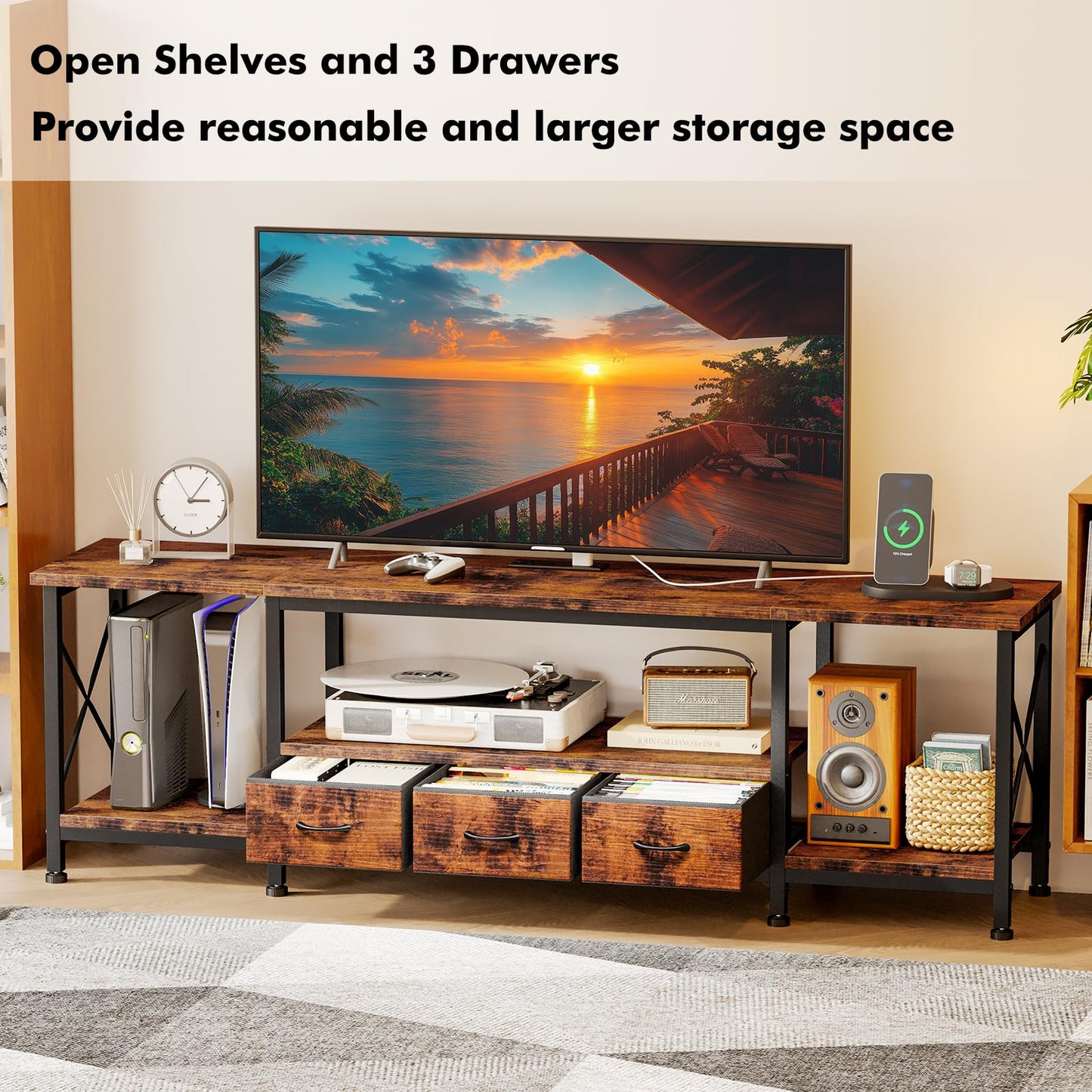 YGEOMER TV Stand for 75 Inch TV Entertainment Center with Power Outlets TV Console Table deepen with Fabric Drawers Metal Frame Storage Shelves and for Living Room, Bedroom 63" Rustic Brown