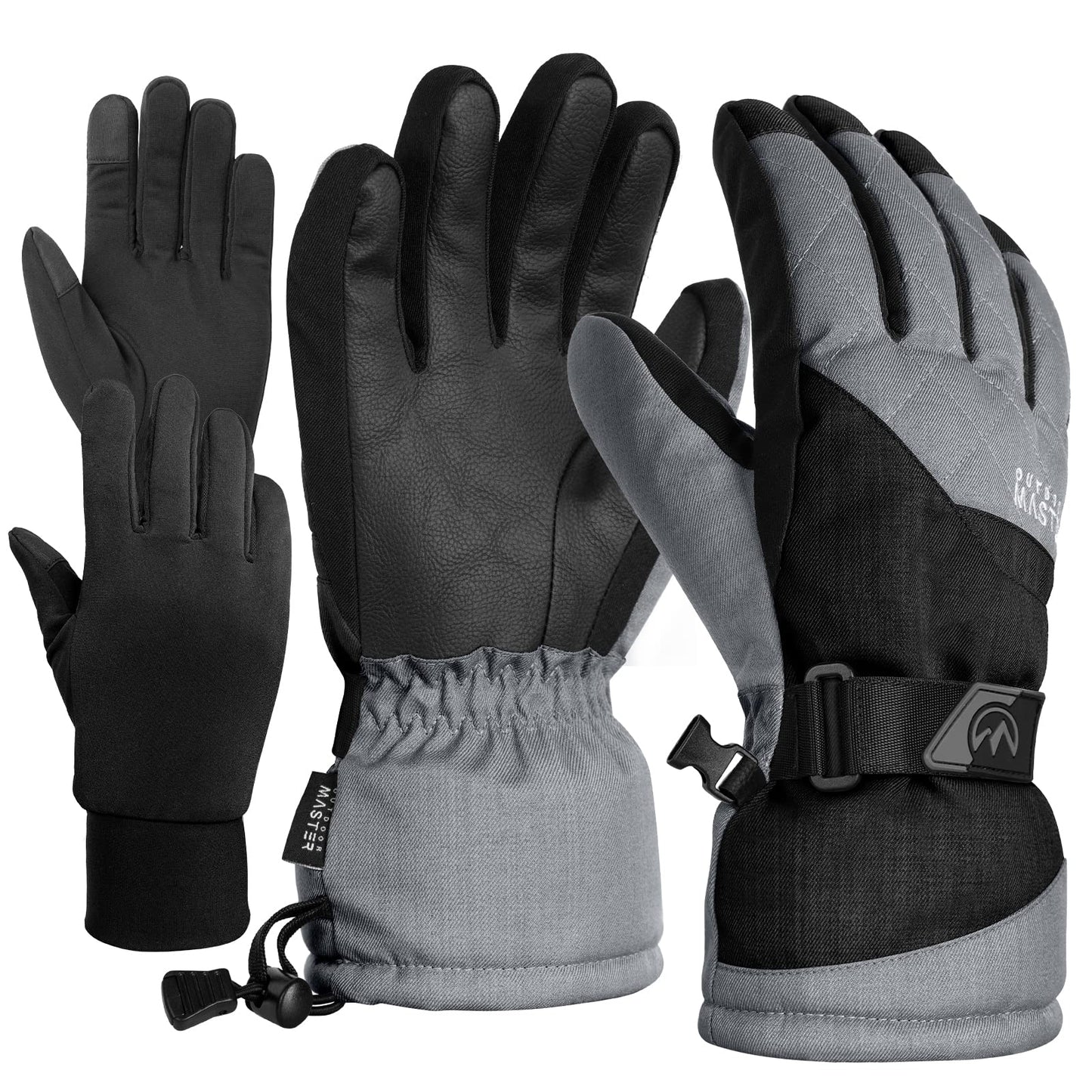 OutdoorMaster Ski & Snow Gloves, Winter Waterproof Thermal Gloves for Adult Men & Women, Winter Sports, Skiing, Snowboarding, Carbon, L