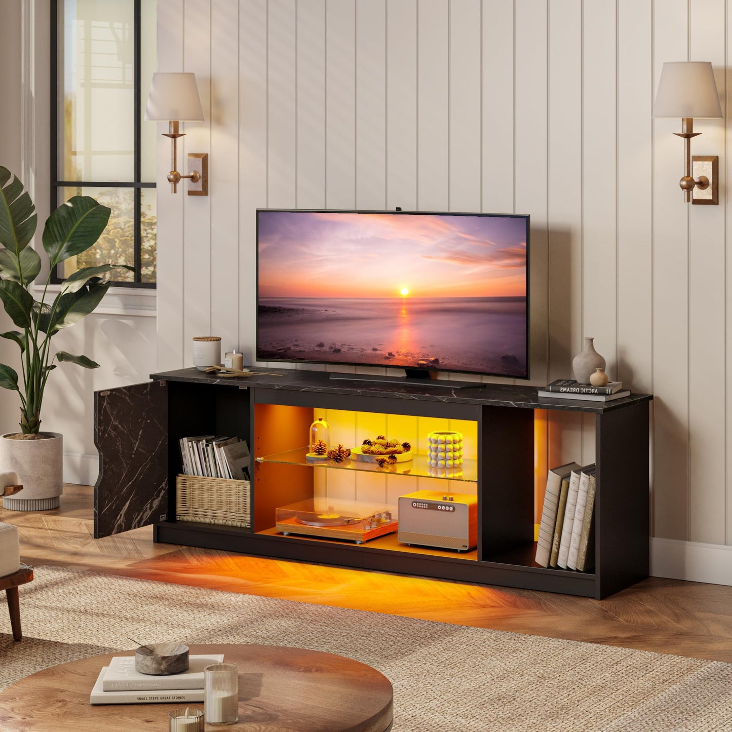 Bestier 57" Gaming LED TV Stand for 55/65 inch TV, Media TV Cabinet for PS5/Xbox Storage, Modern Entertainment Center for Living Room, Adjustable Glass Shelves, Black Marble