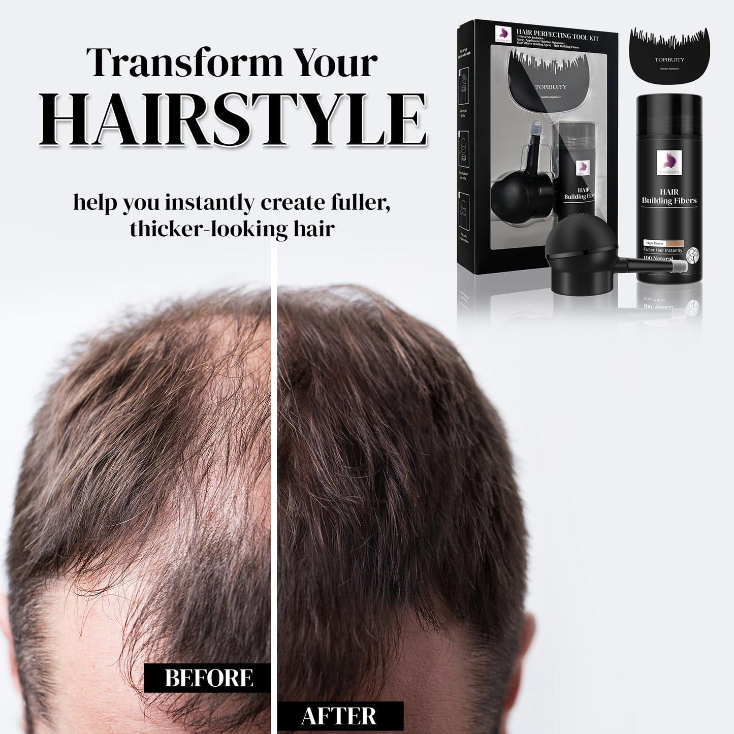 TOPIBUITY Hair Fibers & Applicator 3-in-1 Set - Natural Concealing Hair Thickening Fibers - Long-Lasting Spray with Accessory for Crisp Hairlines, Thicker Beard & Styling (light brown)